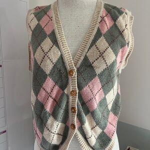 Vintage Jantzen Argyle Knit Sweater Vest - Pink, Green, Cream Cottagecore